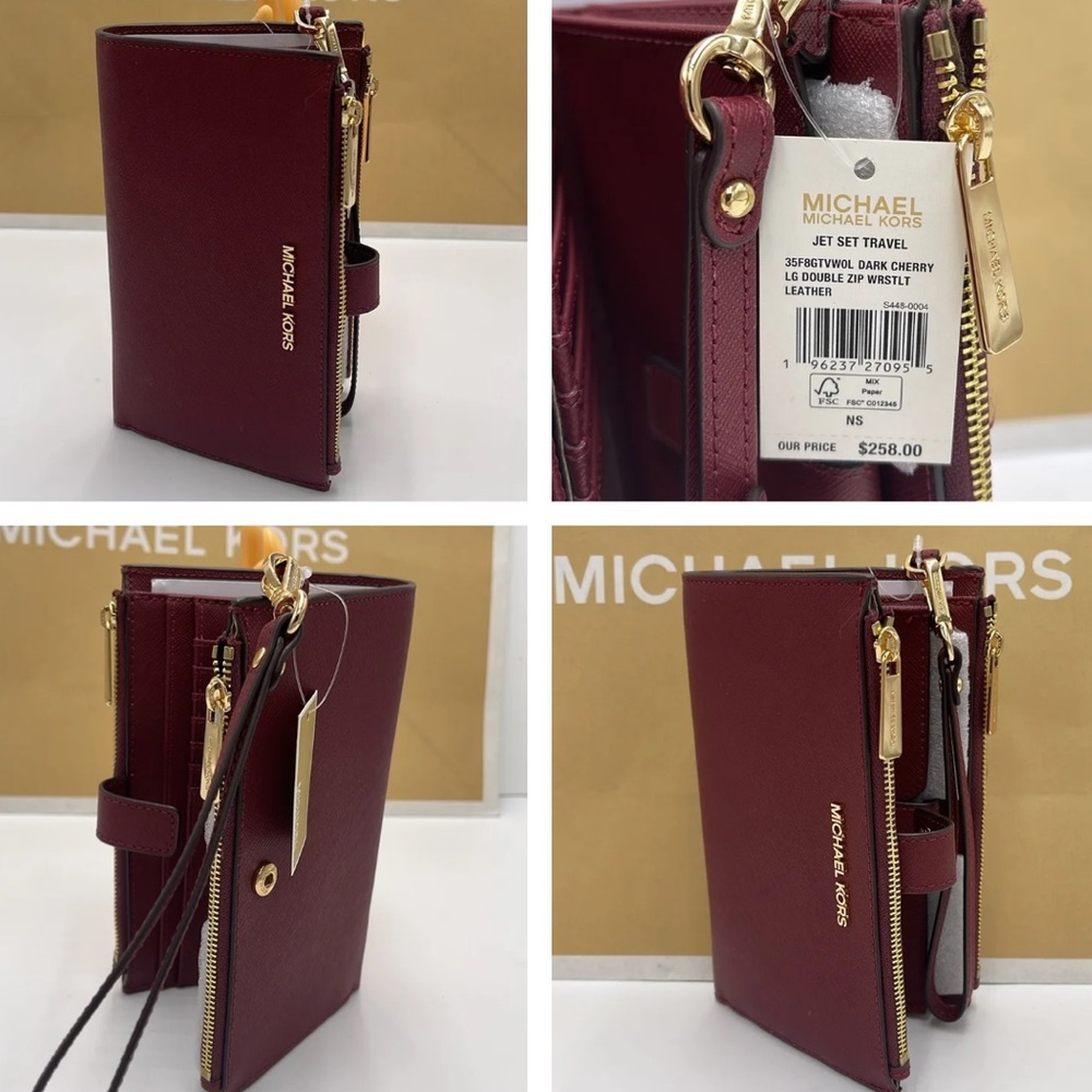 Jet Set Travel LG Double Zip Wristlet Wallet Phone Case Leather Dark Cherry NWT - Picture 8 of 16